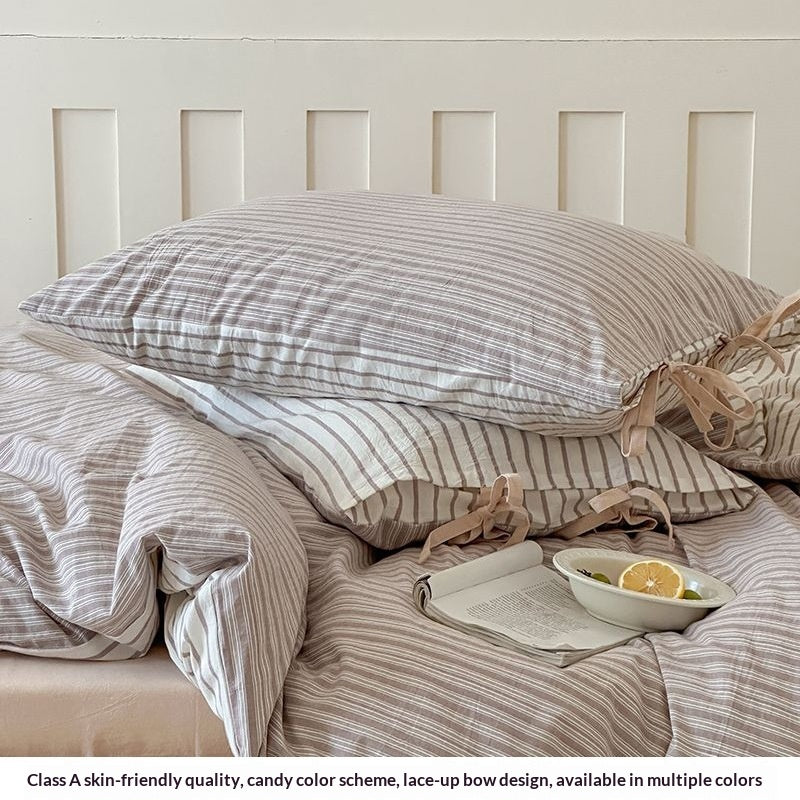 Pastel Striped Pillowcases with Bow - Set of 2